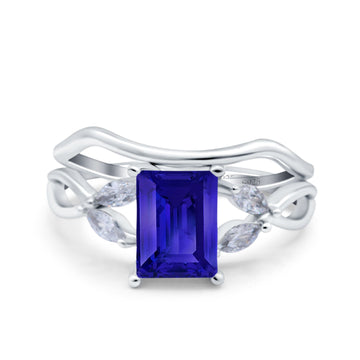 Two Piece Art Deco Emerald Cut Wedding Ring Simulated Blue Sapphire CZ 925 Sterling Silver